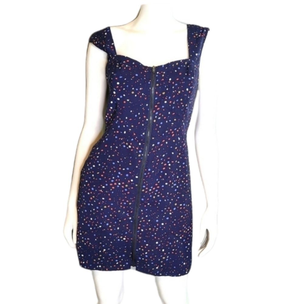 BCBGENERATION Navy Blue Dot Zip Front Galaxy Dress Size Small